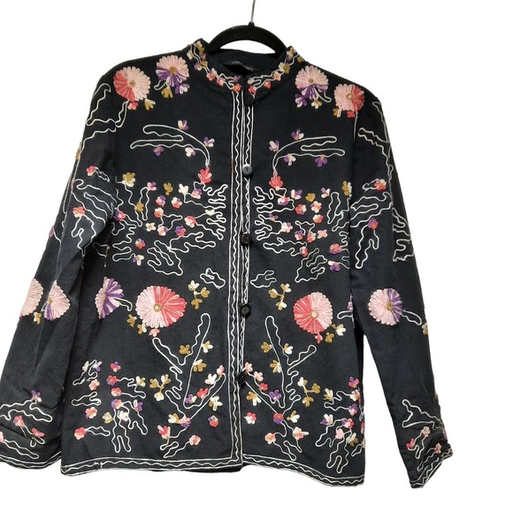 TAKE‎ TWO WOMEN'S M BLACK FLORAL EMBROIDERED BOHO BUTTON UP LONG SLEEVE JACKET - Picture 1 of 8